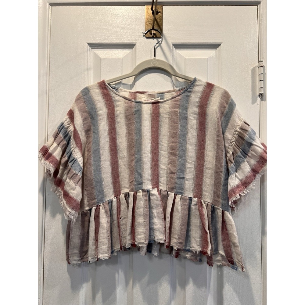 Mustard Seed Crop Top S Striped Peplum Blouse Rayon Linen Ruffle Frayed Boho